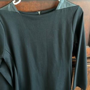 HALOGEN Women’s Fashionable Black Top with Leather Trim on Collar Zipper on Back